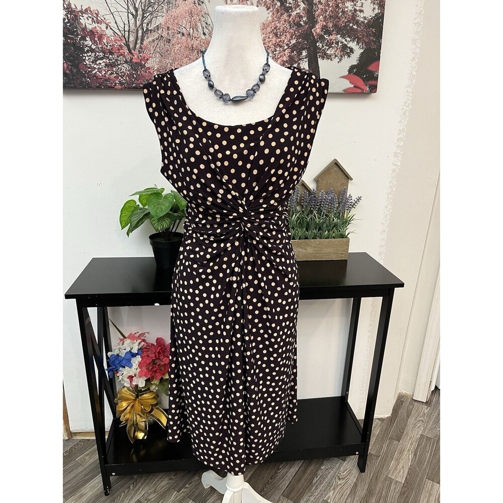 CHAPS Lauren Brown Polka Dot Dress L Large Sleeveless Ruched Knot Midi Stretch